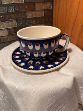 Hand-Painted Blue Ceramic Mug and Saucer with White and Brown Dot Motif